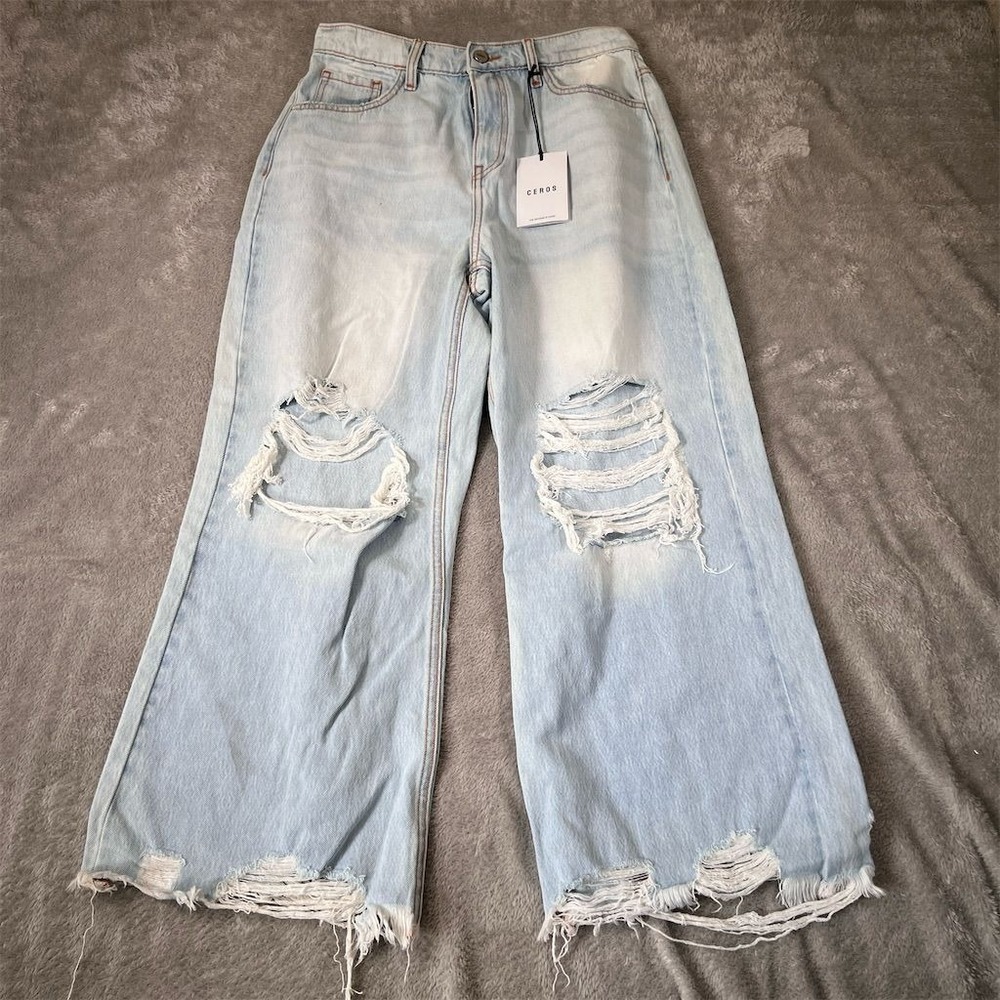 Ceros Jean Womens 28 Light Blue Wide Leg High Rise Straight‎ Distressed Y2K NWT